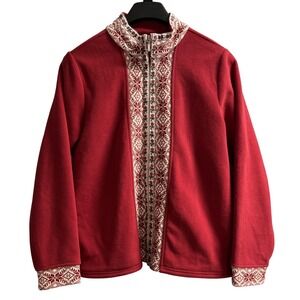 Vintage LL Bean Fleece Jacket Womens L Red Fair Isle Snowflake Nordic Skandi